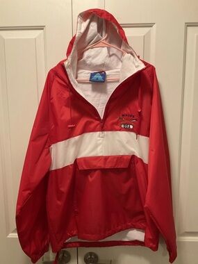 Acadia Maine USA Rowing 1/4 Zip Fleece Lined Hooded Windbreaker Red/White Size L
